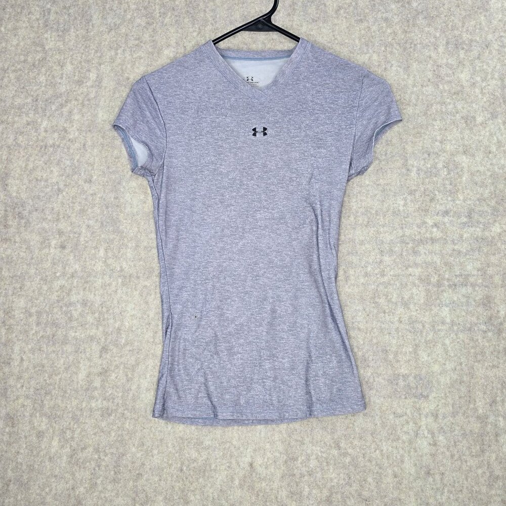 Under Armour Womens T-Shirt Light Gray Small Polyester/Cotton V-Neck Stretch Fit